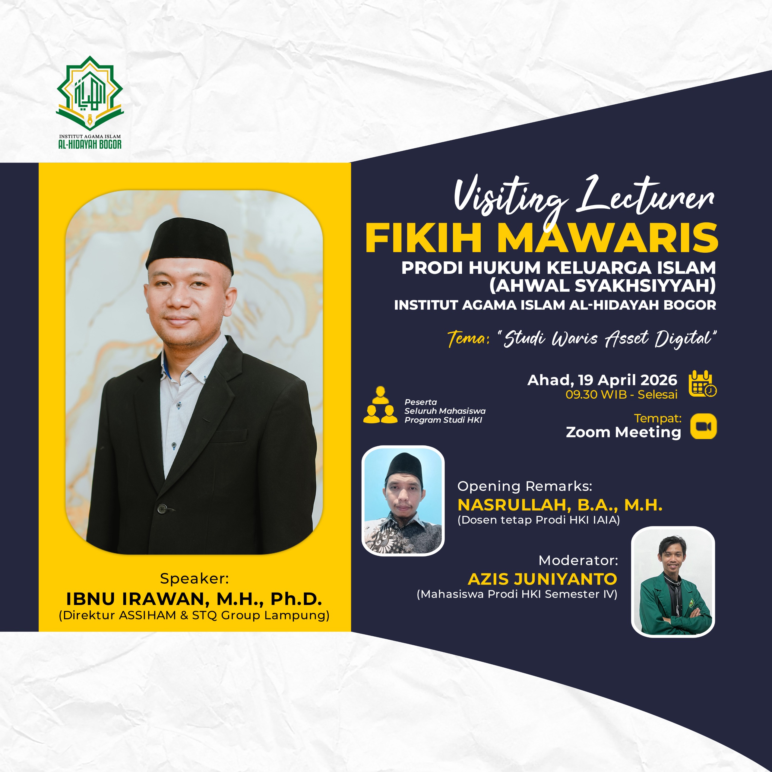 Read more about the article Institut Agama Islam Al-Hidayah Bogor Gelar Visiting Lecturer, Bedah Hukum Waris Aset Digital